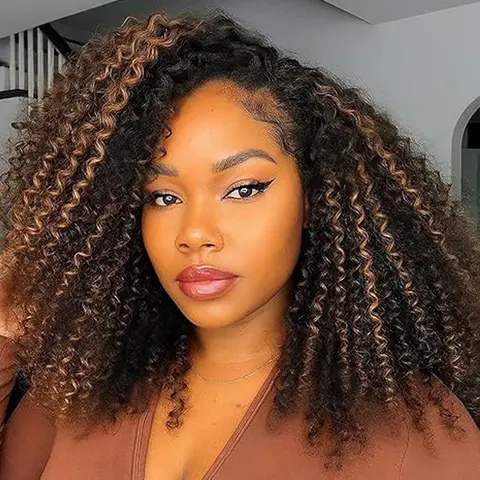 [3 In 1 Half Wig] Hot Star P1B/30 Color Kinky Curly Wear Go Glueless Wigs Human Hair T1B/4 Burmese Curly Wigs for Women Drawstring Seamless Flip Headband Wig Beginner Friendly