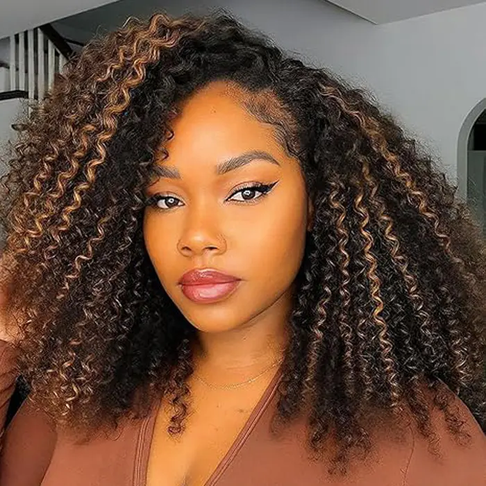 [3 In 1 Half Wig] Hot Star P1B/30 Color Kinky Curly Wear Go Glueless Wigs Human Hair T1B/4 Burmese Curly Wigs for Women Drawstring Seamless Flip Headband Wig Beginner Friendly