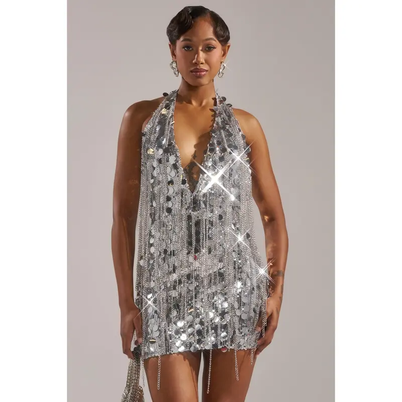 knee length dresses for ladies BOUJEE BANDANA SEQUIN MINI DRESS IN BLACK – AKIRA