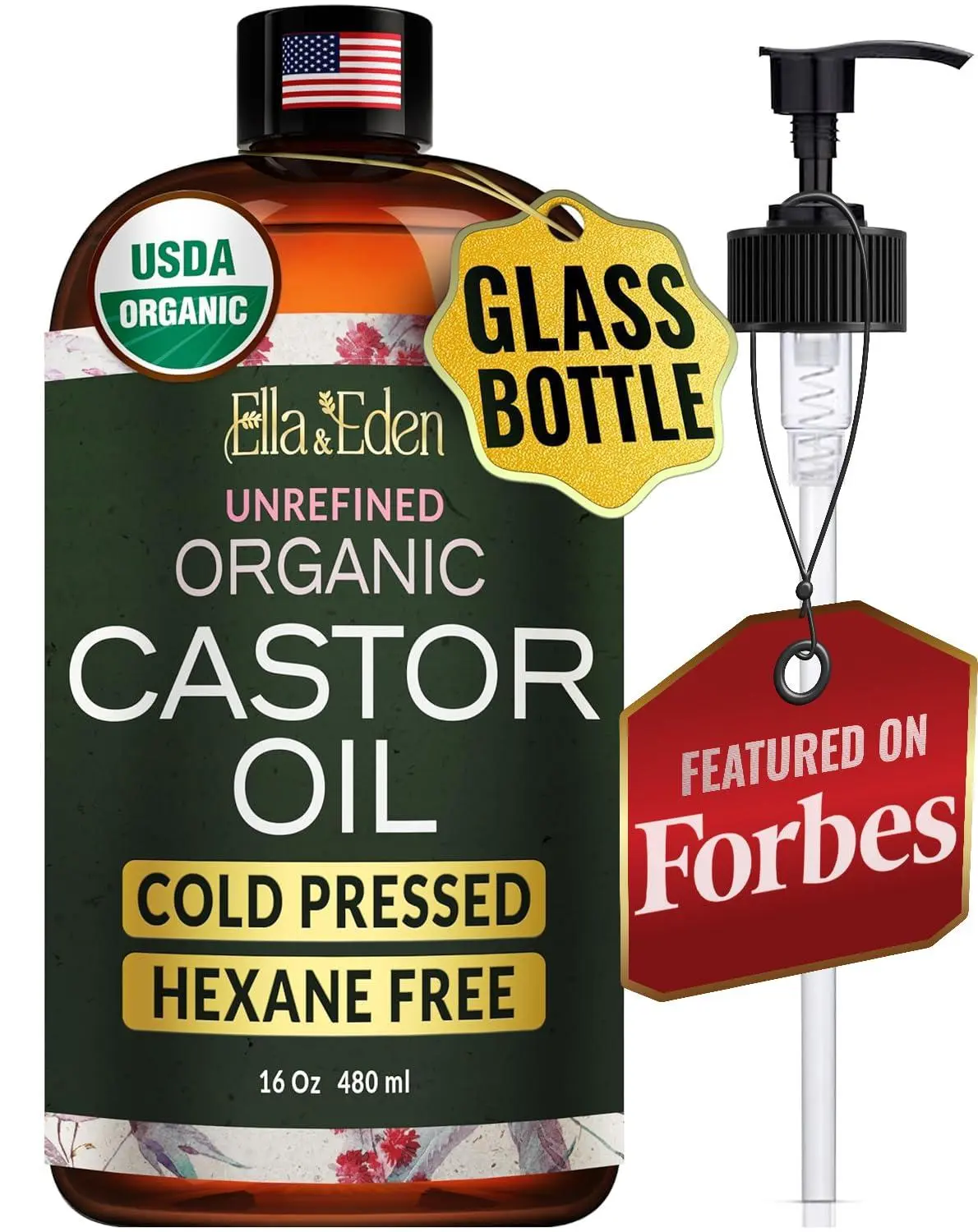 USDA Organic Castor Oil - Cold-Pressed, Hexane-Free, 100% Pure for Hair, Eyelashes, Skin & Body - Ella & Eden Glass Bottle 16 Oz & 32 Oz