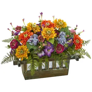 Nearly Natural Floral Artificial Arrangement inWood Planter