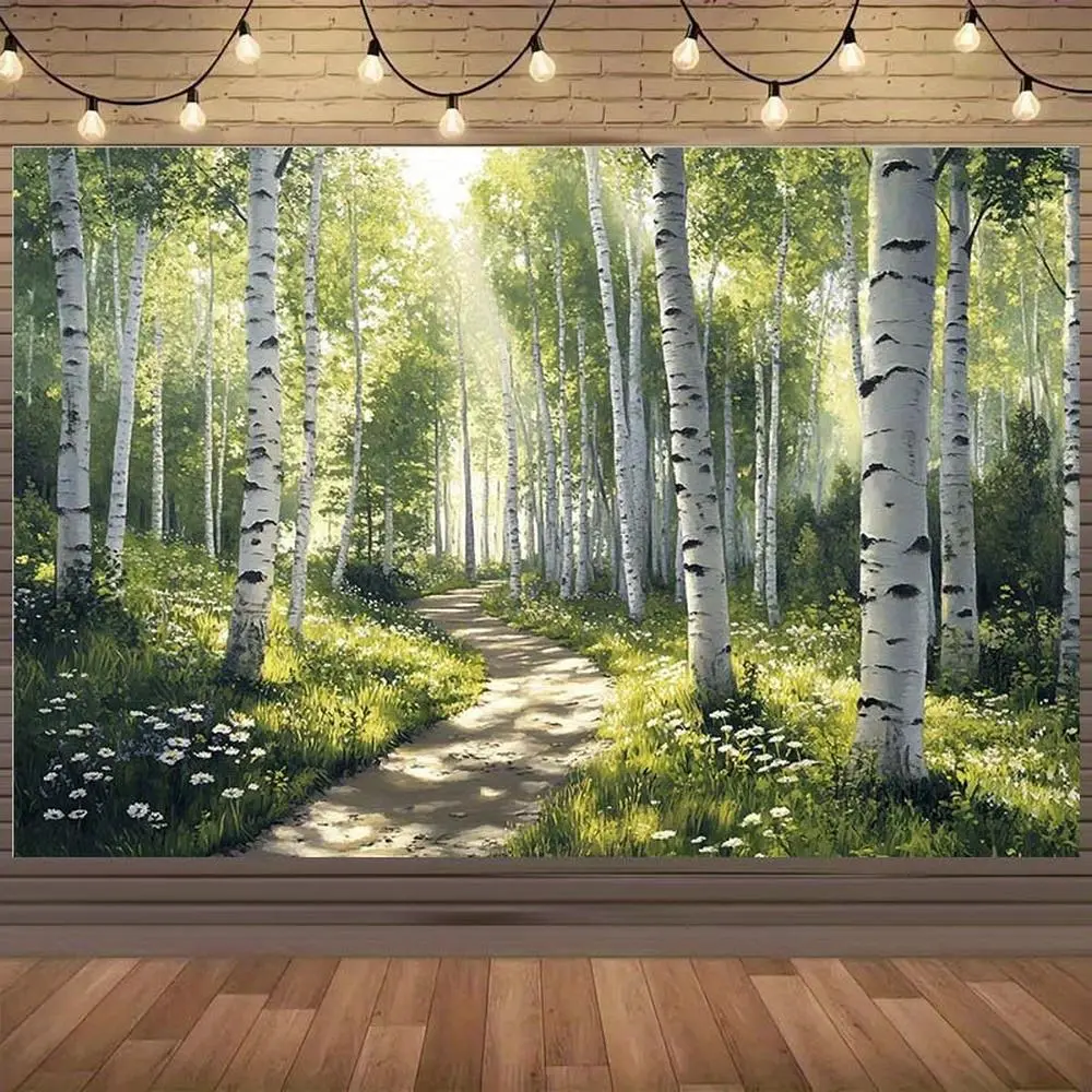 1pc Decorative 2D Flat Birch Forest Print Mural - Large Polyester Home Wall Panel, Self-Adhesive Peel-and-Stick Wallpaper Texture, Sunlit Canopy, No Electricity, Easy Installation for Indoors/Outdoors,summerwins
