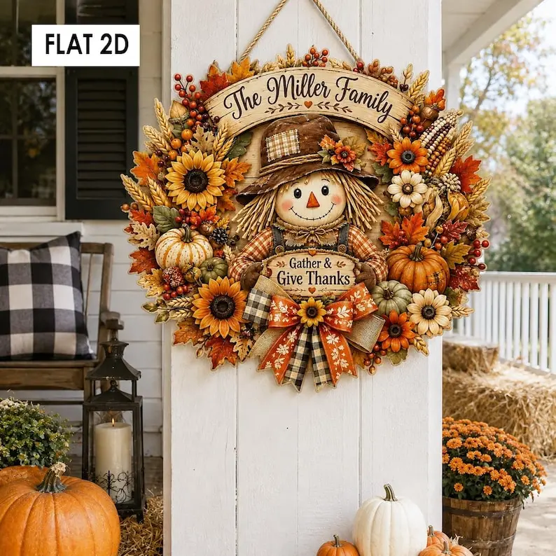 Personalized Thanksgiving Scarecrow Door Sign, Custom Family Fall Wreath, Front Door Harvest Door Hanger, Autumn Farmhouse Welcome Sign
