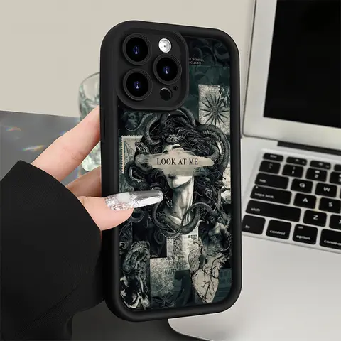 Retro Horror Medusa Snake Design TPU-Silicone Case for iPhone (17 Pro Max,16,16e,15,14 Plus,13,12 Mini,11,Air,X,XS) - Straight Edge, Drop-Resistant, Rugged, Durable, Non-Slip, 2D Printed, Shockproof Cellphone Smartphone Phone Accessories, Ideal Gift