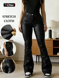 Women's Punk Style PU Leather Pants with Diagonal Pockets, Button, Trendy Music Festival and Casual, Fashionable Women's Clothing