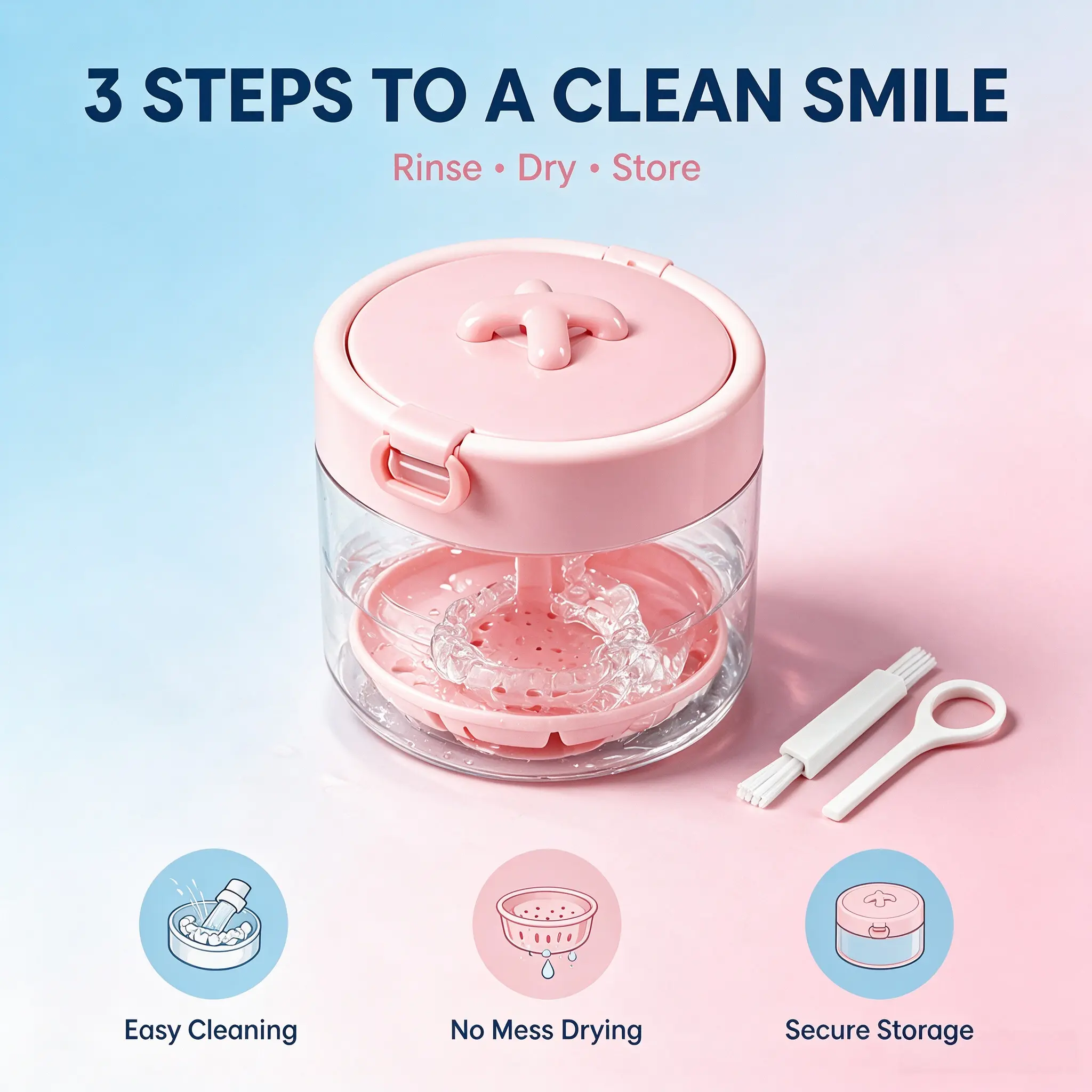 3-in-1 Portable Invisible Aligner Storage Box, Liftable Tray Retainer Case, Denture Soaking Container for Mouth Guard & Retainers
