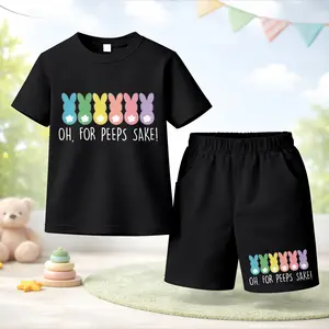 Unisex Kids Rabbit Easter Printed Design Short Sleeve T-Shirt and Shorts Set, Casual Kids Summer Outfit, Comfortable Crew Neck Clothing Set for Daily Wear and Outdoor Play