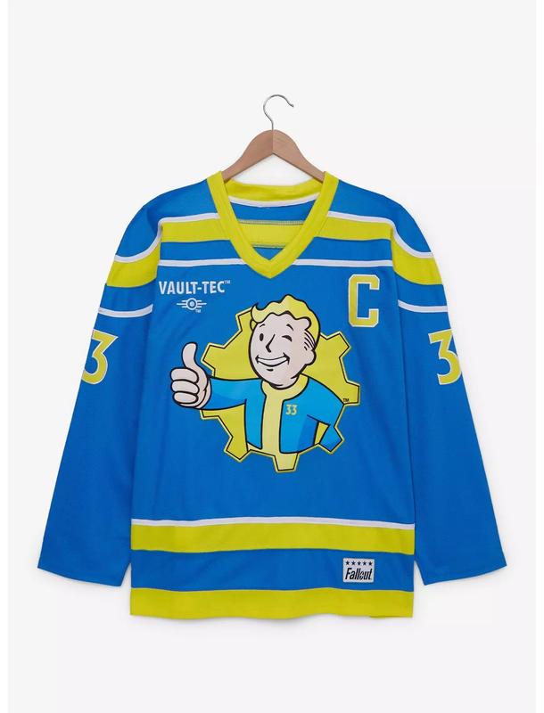 Fallout Vault Boy Hockey Jersey Shiny Polyester Tricot Knit Fabric Vault-Tec C3 Design for Fans