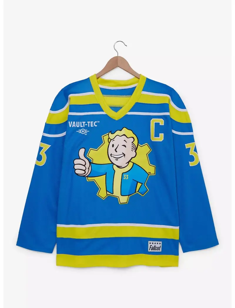 Fallout Vault Boy Hockey Jersey Shiny Polyester Tricot Knit Fabric Vault-Tec C3 Design for Fans