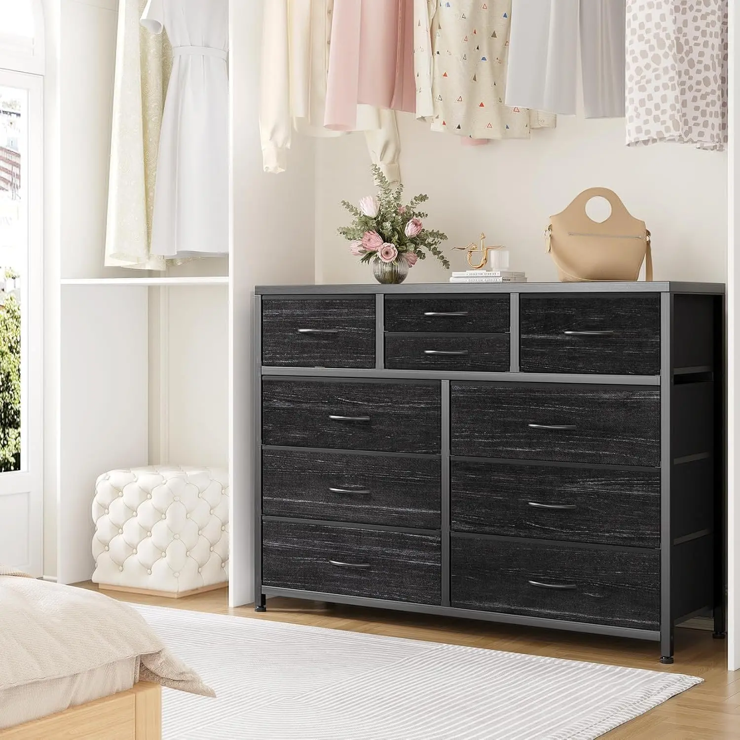 47.2-Inch Wide Black Willow Dresser - TV Console Cabinet, 10-Fabric-Drawer Entertainment Center with Wooden Top, Ample Storage, Anti-Tip Safety Feature, Adjustable Legs for Max 55-Inch Screens