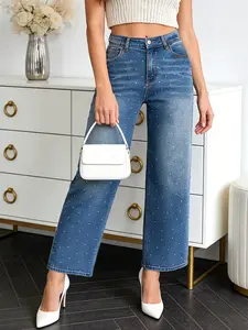 New Casual Washed Light Blue Rhinestone Loose Wide Leg Denim Jeans for Women, Elastic Fabric, All Seasons Wear, High Waist, Zipper Fly