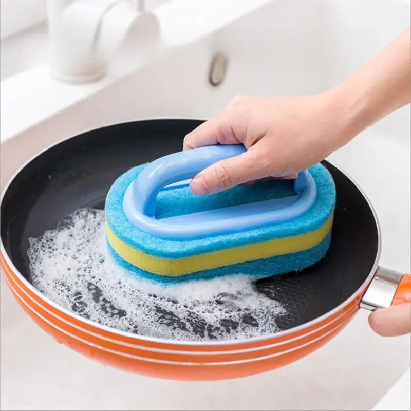 Kitchen sponge scrubber with handle, magic scrubber, thickened, non-scratch, for washing pots and dishes, cleaning brush, stain remover, pot cleaning tool