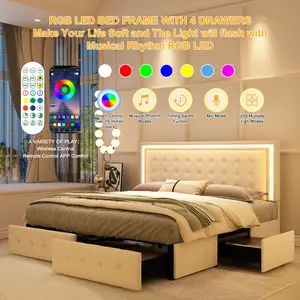 GEGOFORU Queen Smart LED Bed Frame with 4 Storage Drawers, Adjustable RGBW Headboard Lights, App & Remote Control, Quiet Upholstered Platform Bed, No Box Spring Needed, White