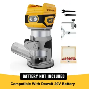 Brusless Compact Router,  Cordless Palm Router Compatible with DeWalt 20V MAX Battery (Tool Only) 28,000RPM 600W w/Fixed Base, 12PCS 1/4" Router Bits, 5-Speed, Edge & Roller Guides, Dust Hood Yellow Wood