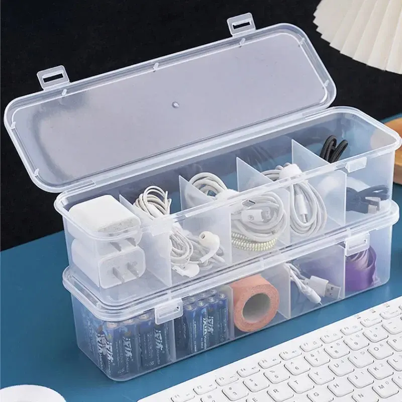 Plastic Rectangle Lightweight Compartmentalized Transparent Cable Organizer Box with Lid, Dustproof Storage Case for Charging Cables, Memory Cards, Small Office Accessories