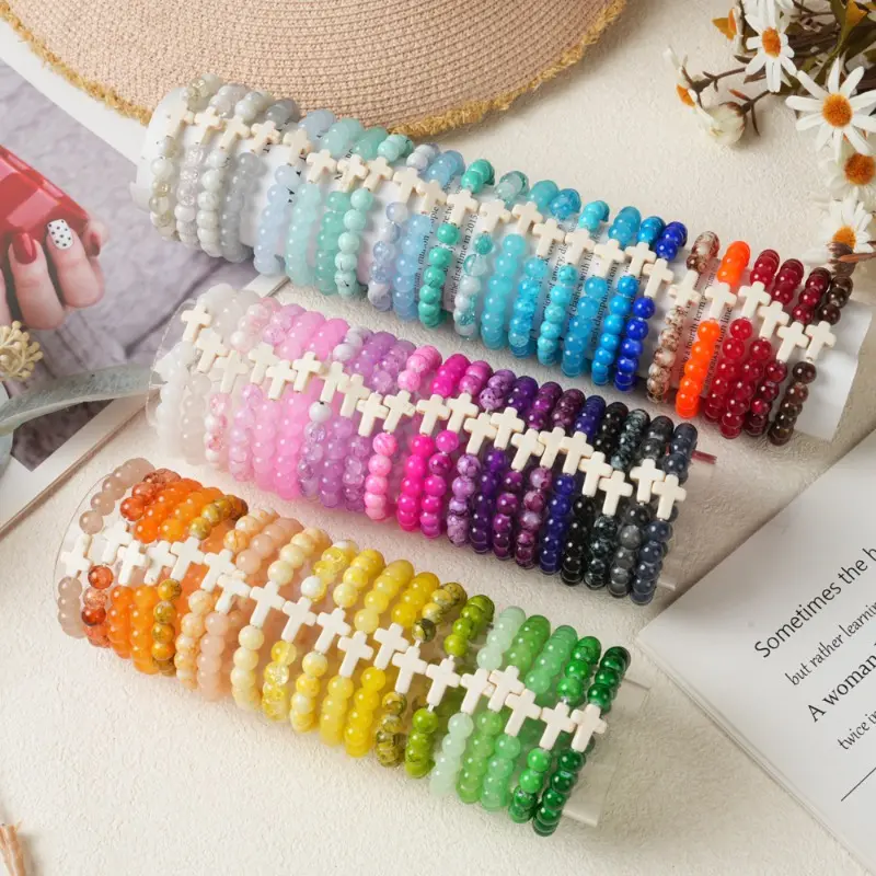 15Pcs Boho Styles Cross Bead Bracelet, Suitable for Both Men And Women. 8mm Couple Cross Bracelet, Men's And Women's Beaded Elastic Bracelet, Festival Gift, Simple And Elegant Jewelry, Suitable for Daily Wear And Gifting