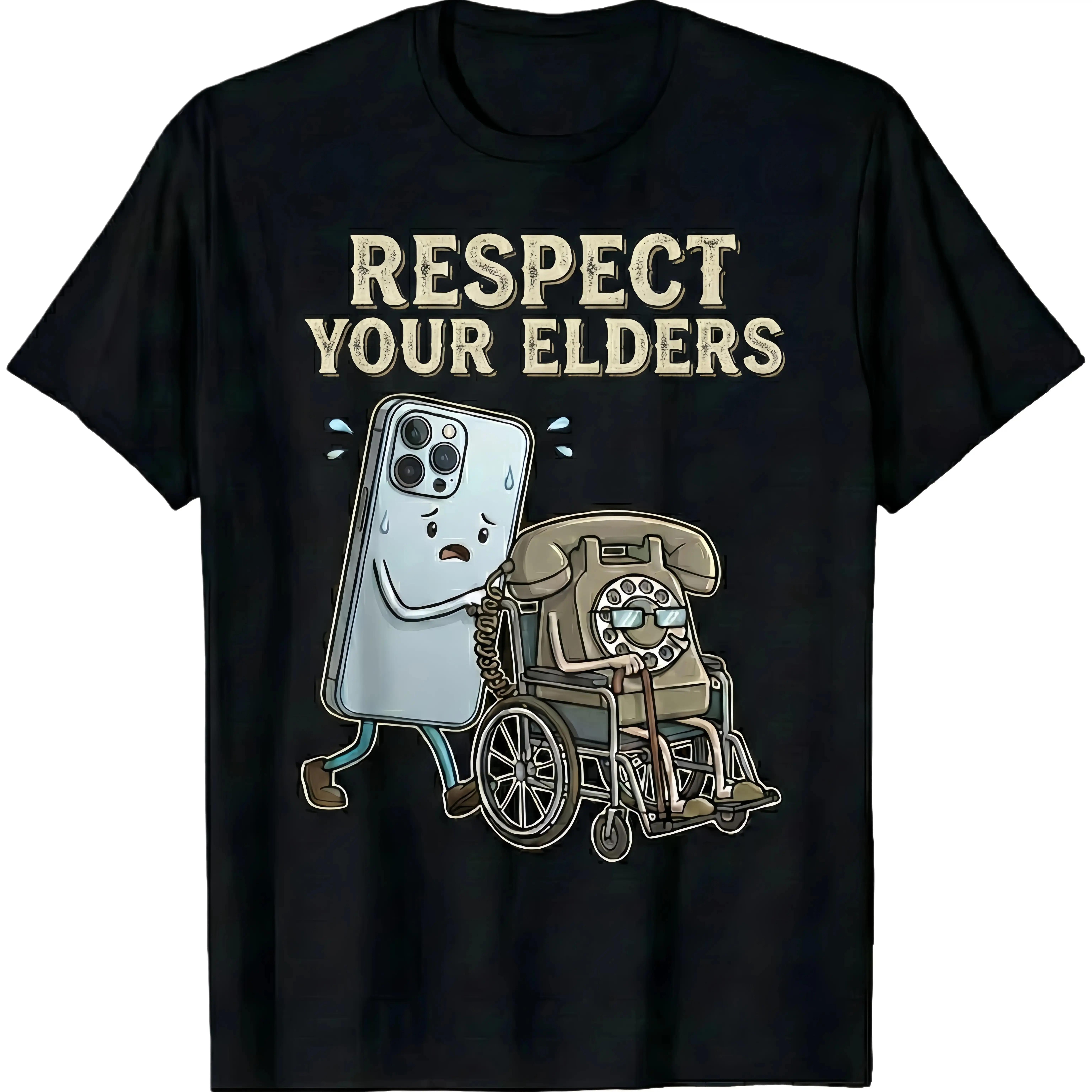 Women's Short-Sleeve Casual T-Shirt - Soft Cotton, Round Neck, Unisex Cut Vintage Tee with "Respect Your Elders" Print, Smartphone-Rotary Phone & Teddy Bear Design, Summer Streetwear Gift