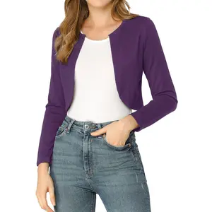 INSPIRE CHIC Women's Solid Open Front Curved Hem Stretchy Fabric Crop Bolero Shrug Deep Purple Medium