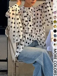 This Polka Dot Sheer Blouse is Timeless Retro Chic High Neck Tie Puff Sleeve Blouse Long Sleeve