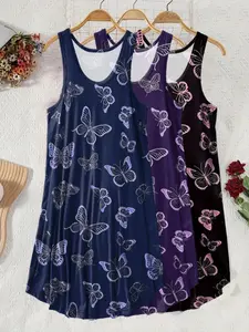 Women's Butterfly Print Sleeveless Knitted Fitted Vest Dress Set, Casual Boho Style Wear Breathable outfitideas, Comfortable Summer, Pack of 3