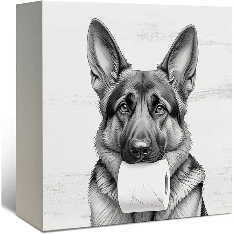 Funny German Shepherd Wooden Box Sign, Dog Bathroom Decor, German Shepherd Gifts for Women Wood Signs for Bathroom Washroom Restroom Counter Shelf Wall Decoration 5x5 Inch Home Decor Products