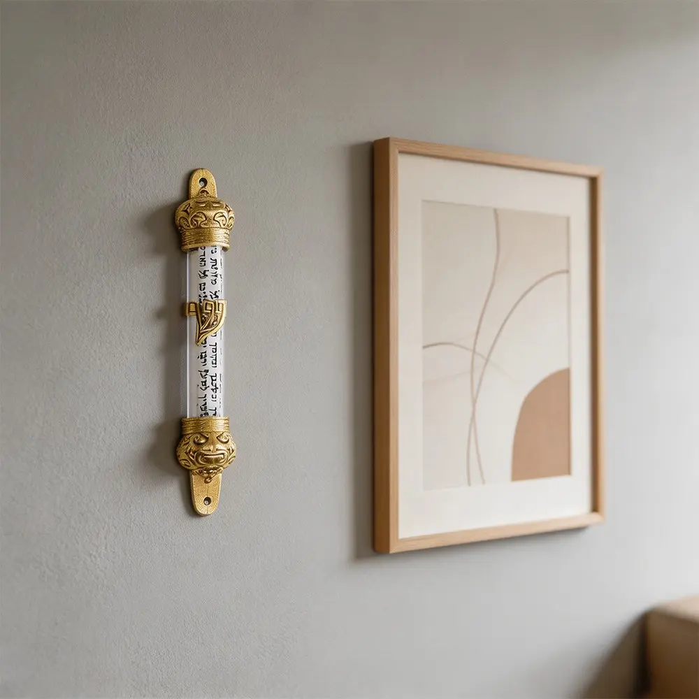 Resin Gold Round Mezuzah Case, No Rhinestone Jewish Doorpost Scroll Holder, Traditional Religious Mezuzah Cover, Blessing & Protection Symbol, Home Entrance Decor, Great for Housewarming, Hanukkah, Passover & Jewish Holiday Gifts