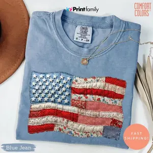 ( FAUX PATCHWORK-PRINT ) Comfort Colors Faux Patchwork American Flag T-Shirt, Vintage Faux Quilted USA Graphic Tee, 250th Years Patriotic Fourth Of July Shirt, Printed Shirt - Printfamily