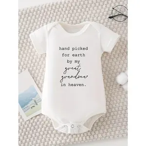 Hand-Picked for Earth by My Great Grandma in Heaven" - Soft Cotton Newborn Boy's Short Sleeve Onesie, White with Black Text, Cozy & Comfortable for Summer Outdoor Activities, Baby Boy Clothes, Perfect for Outdoor