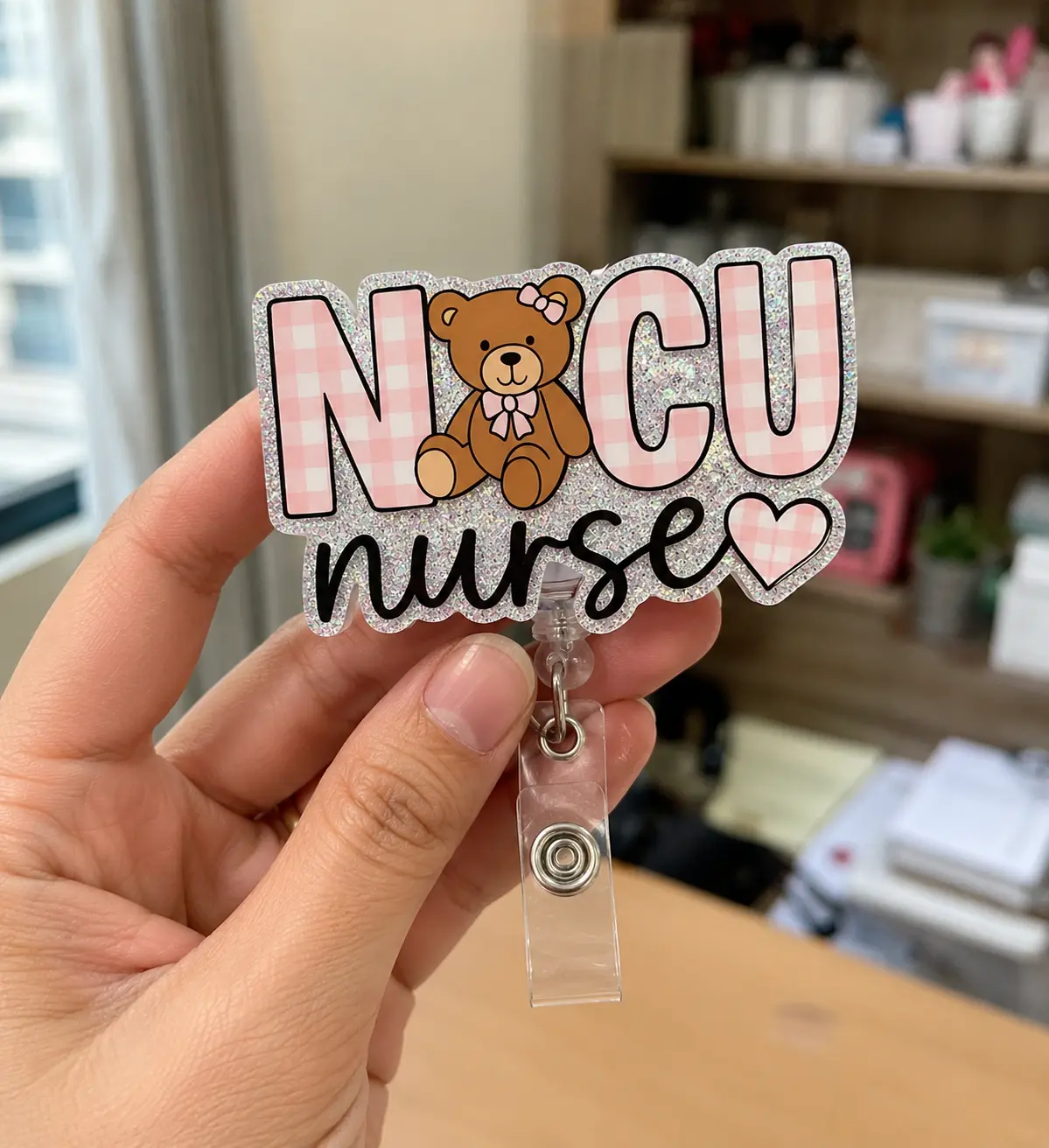 NICU Nurse Badge Reel, Teddy Bear Glitter Acrylic Badge Holder, Retractable Clip for Neonatal Nurse RN Nursing Student