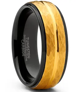 Men's Two Tone Black and Goldtone Hammered Brushed Tungsten Wedding Ring, 8mm Comfort Fit Band 7 to 15