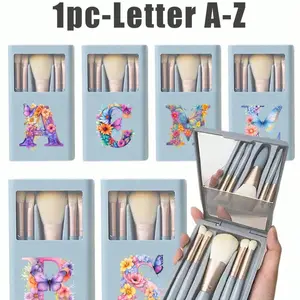 Portable Makeup Brush Set with Mirror, A-Z Colorful Butterfly Flower Pattern, Multi-Functional Cosmetic Brushes, Ideal Gift for Girls