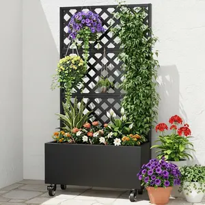 72" Metal Planter Box with Trellis and Wheels for Climbing Plants Vegetables Vines Outdoor Raised Garden Bed with Drainage Holes and Privacy Screen