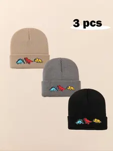 3pcs Baby Beanie Hat Set, Infant Newborn Toddler Winter Warm Knit Cap, Casual Letter Pattern, Fall & Winter Outdoor Accessories