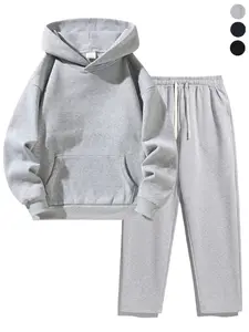 Men's Plain Two-Piece Sweatsuit Set, Casual Fashion Set, Fitted Casual Long Sleeve Hoodie & Drawstring Pants, Thick Fabric for Fall Winter, Daily Wear Essentials