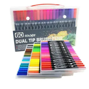 60 Colors Dual Tip Art Marker Set, Watercolor Brush & Fineliner Pens for Drawing & Painting, Double Head Fine Liner Stationery for Adults