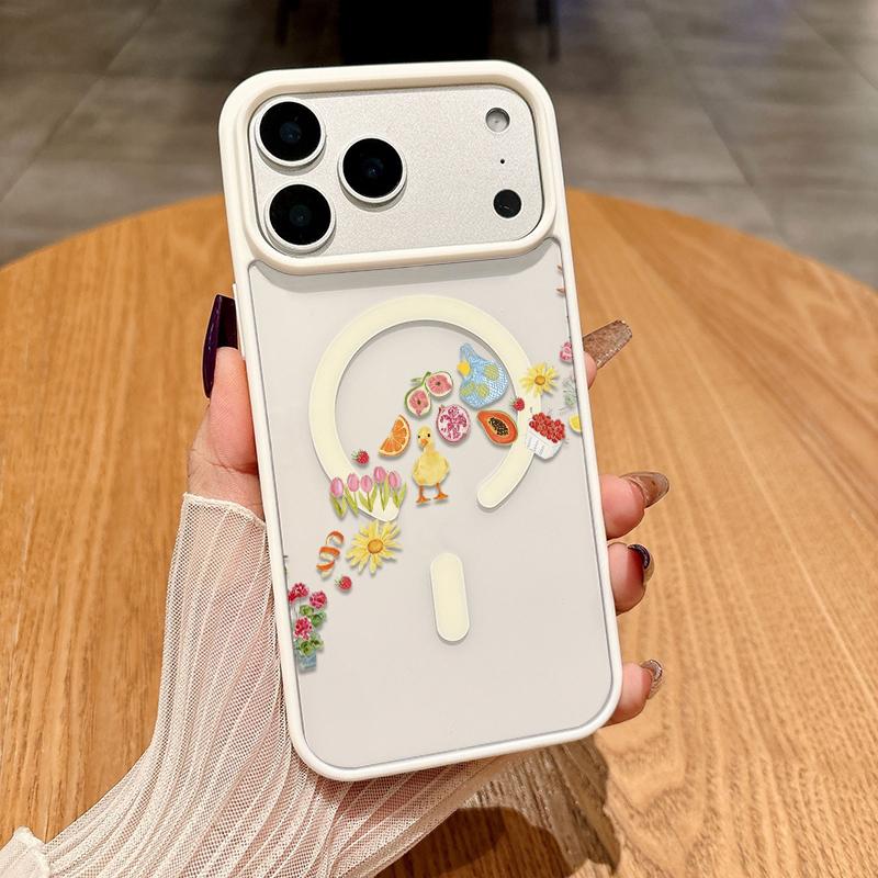 Adorable Duck Surrounded By Colorful Fruits Phone Case Featuring A Soft Tpu Back With Built-In Strong Magnet Ring, Blending Smooth Macaron Texture With Secure Magsafe Compatibility For iPhone 17 16 15 14 13 12 11 X XS