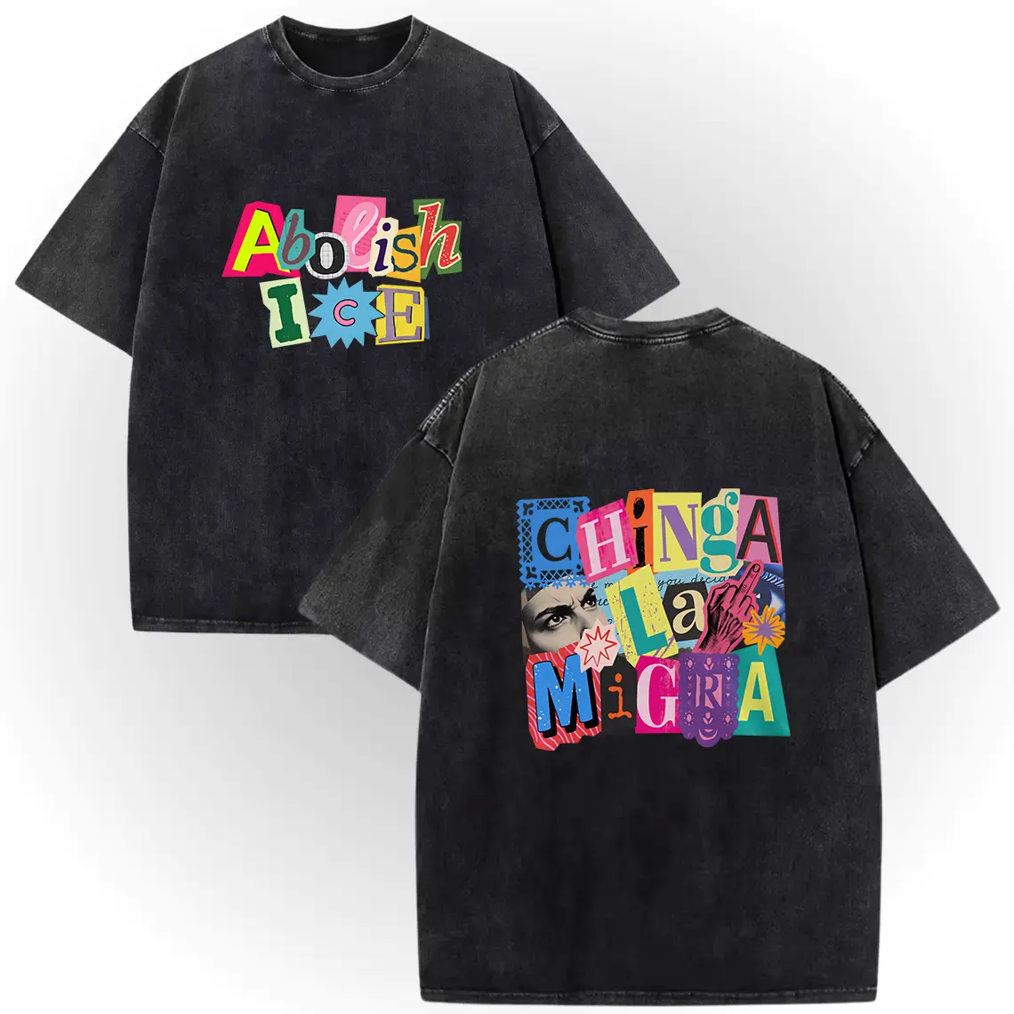 ICE OUT Anti ICE Magazine Letters Unisex Tshirts! |  100% Cotton Double-Sided Vintage Washed Chinga La Migra Graphic Tee # AbolishIce # IceOut # HumanRights # 100CottonTee # DoubleSidedTee # NoOneIsIllegal # TikTokMadeMeBuyIt # TikTokShop Casual Breathabl