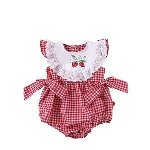 Baby Girls Cute Strawberry Embroidery Bowknot Plaid Ruffle Trim Casual Dress for Outdoor