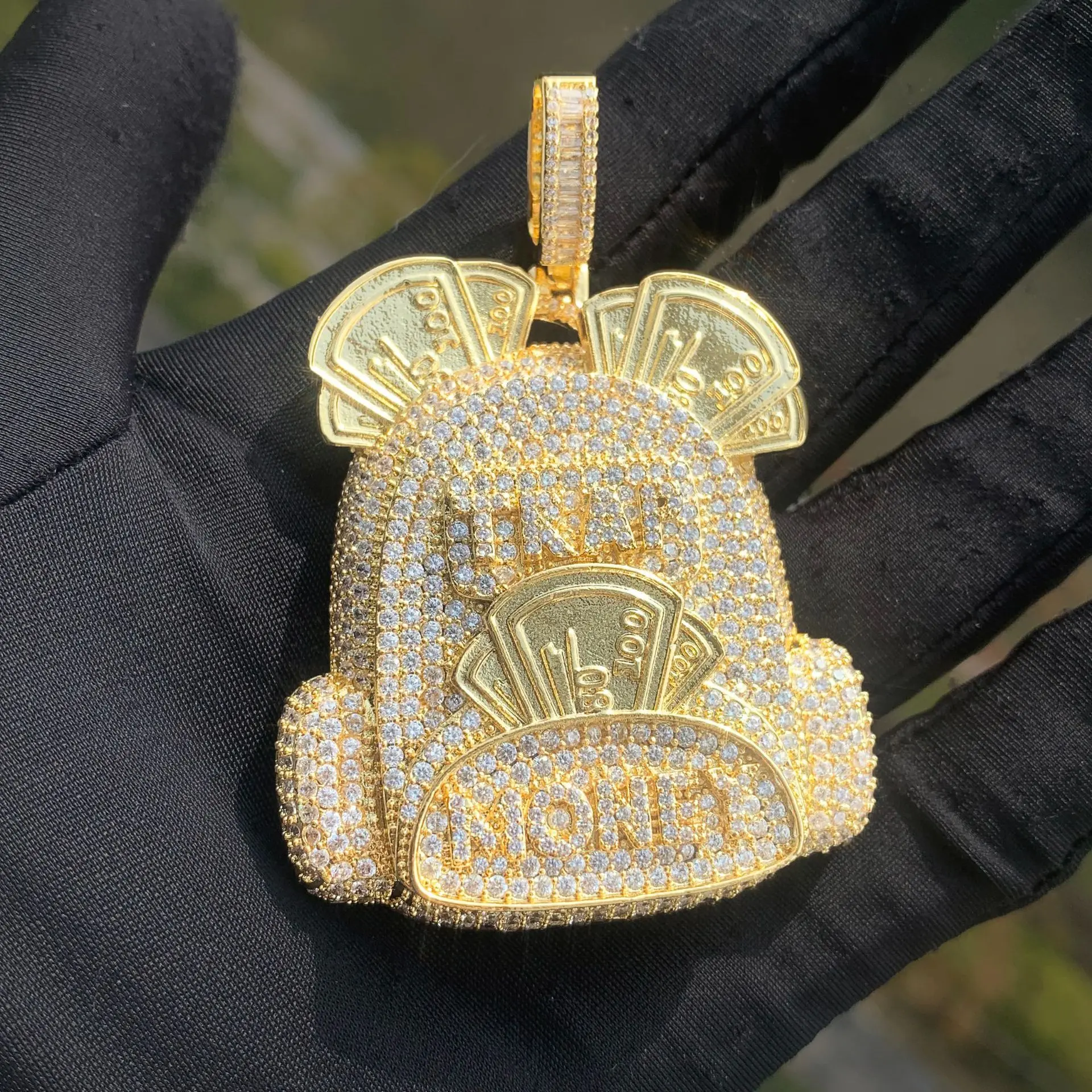 Money Backpack Pendant Blinged Out Iced Out Statement Charm for Hip Hop Streetwear Vibe with Sparkling Details