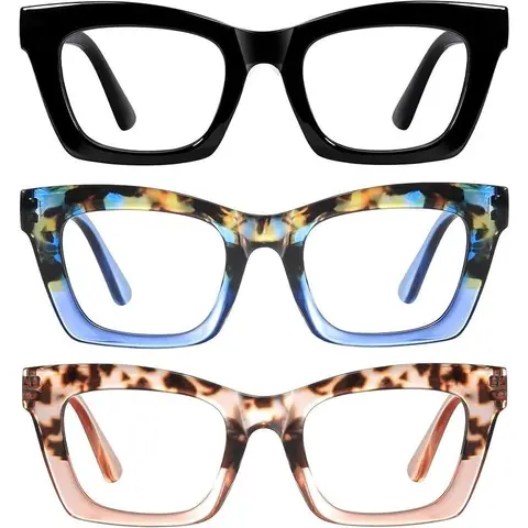 RESJOK Women's 3-Pack Full Rim Oprah Style Square Frame Eyeglasses - Unisex, Eye Fashion, Casual, Multiple, Statement Frame Glasses, Blue Light Filter, Adjustable Spring Hinge, High-Quality Daily Use, A01-Mix1