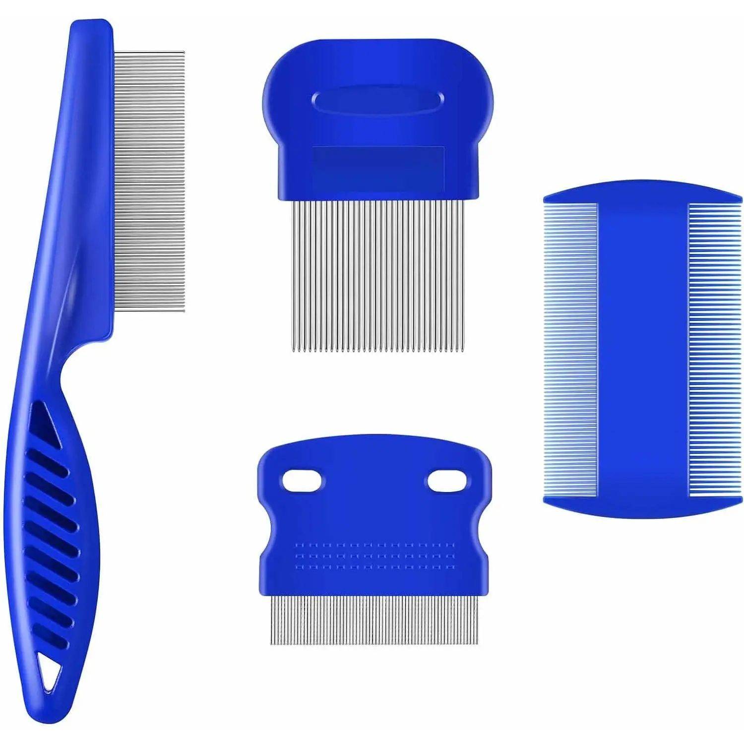 4-Piece Professional Stainless Steel Flea & Lice Grooming Set for Dogs, Cats, Guinea Pigs - ABS, Durable, Corrosion-Resistant Double-Sided Tools with Rounded Edges - 4 Different Kinds (1 Long-Needle Comb Included) for Dematting, Tear Stain Removal