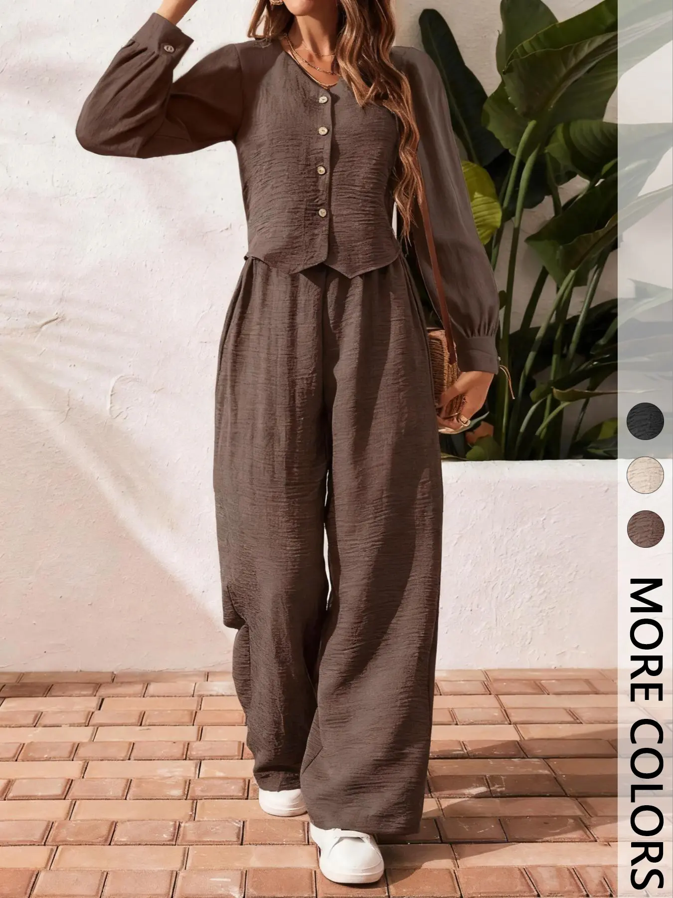 Women's Fashion Basic Solid Color Long Sleeve Blouse Top and Casual Pants Bottom Set, Ladies Two-Piece, Stylish and Comfortable Clothing for Daily Wear Outfit