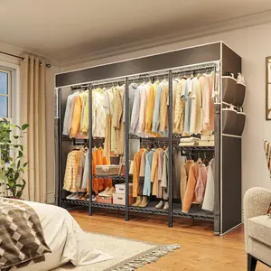 Raybee Clothing Rack, 76" W Clothes Rack with Cover, 1150LBS Heavy Duty Coat Rack 5 Hanging Rods, Freestanding Closet Rack Wardrobe for Bedroom Space Saver