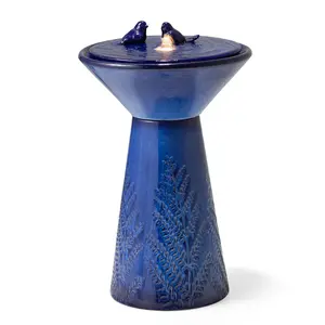 Glitzhome 27.5"H Cobalt Blue Two Birds Embossed Fern Fronds Pattern Pedestal Outdoor Ceramic Birdbath Fountain with Pump and LED Light (KD)