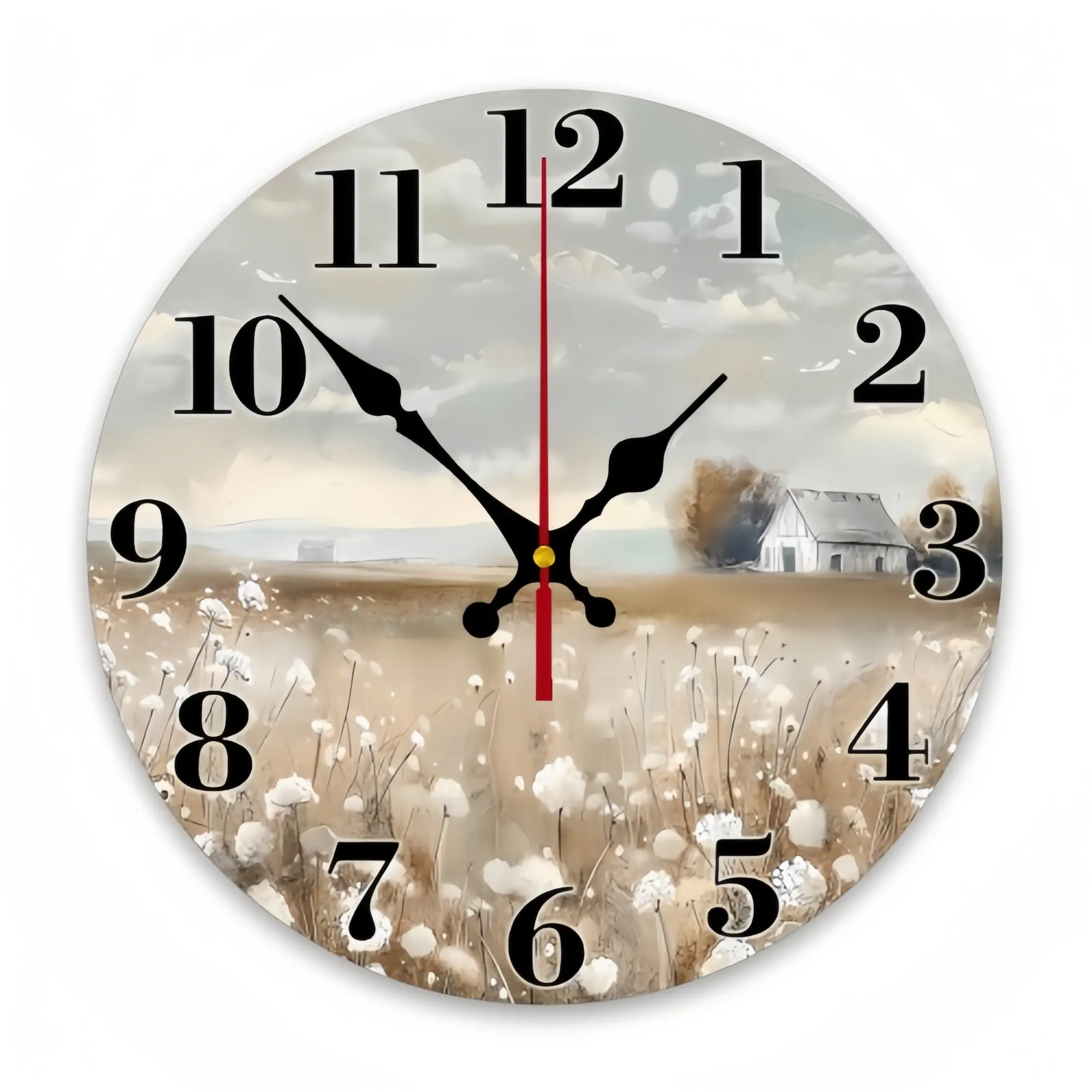 Hot Farmhouse Wall Clock Battery Operated 10/12 Inch Silent Non-Ticking Wooden Wall Clocks Country Flower Field Clock for Kitchen Living Room Bedroom Decor