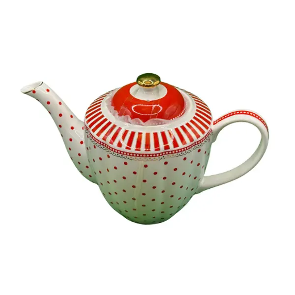 Classic White Ceramic Teapot with Red Polka Dot and Striped Detail - Elegant Tea Service