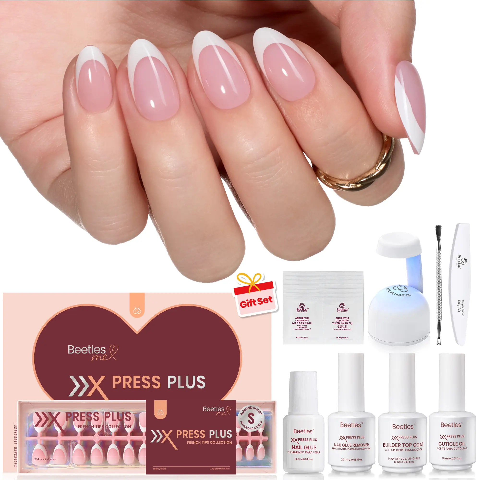 224Pcs Short Almond Pink French Tips Press On Kit