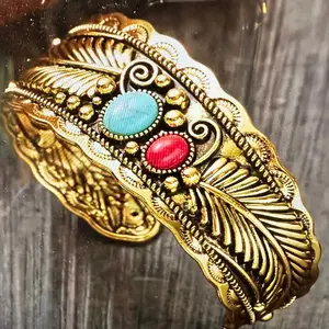 Handcrafted Boho Native American Bracelet, Gold Plated Turquoise and Coral Stone Cuff, Gift Box
