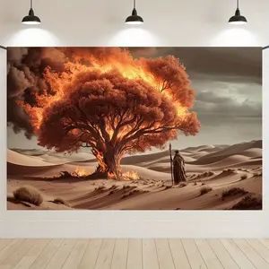 Moses and Jesus Fire Light Backdrop Biblical Scene Religious Tapestry Wall Hanging Photography Background Home Wall Party Event Church Decoration Decor Polyester Fiber