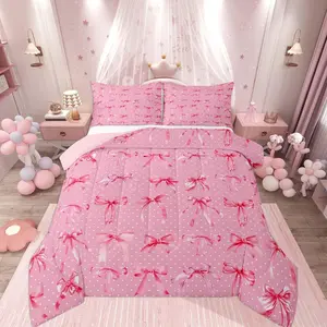 Girls Pink Bow Comforter Set Cute Bow Bedding Set for Kids Girls Polka Dots Bowknot Room Decor Duvet Quilt